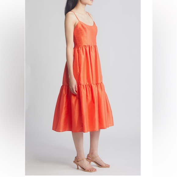 HUTCH Tommy Tiered Sleeveless Organza Midi Dress Orange Simple Cayenne Boho - M - Picture 10 of 11